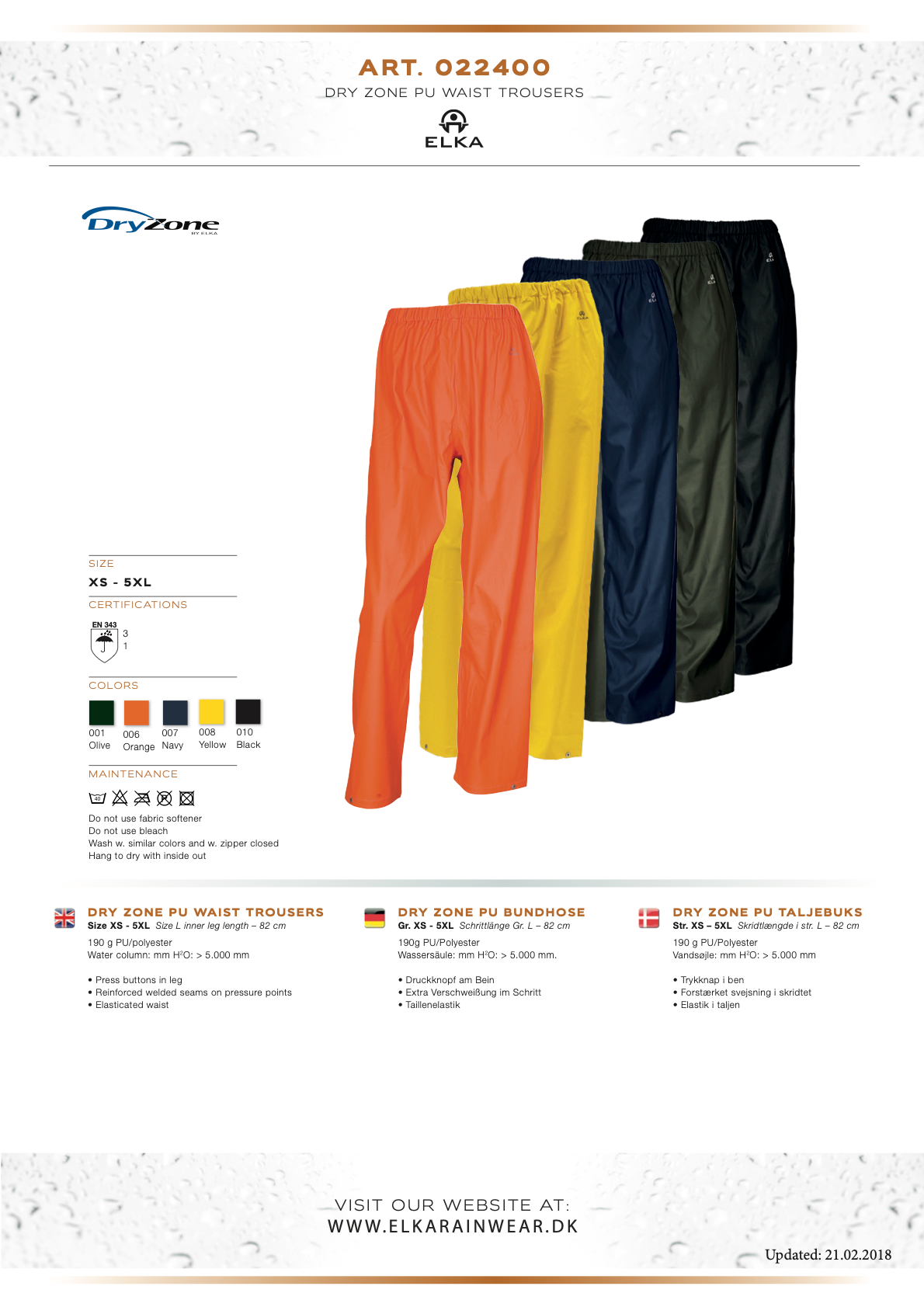 Elka Dry Zone PU Rain Trousers 022400